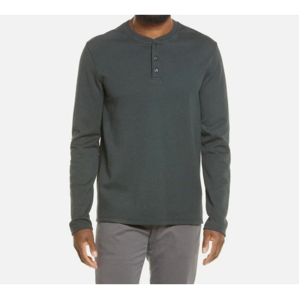 Vince. Dark Green Garment Dye Cotton Long Sleeve Henley Shirt Top, size L